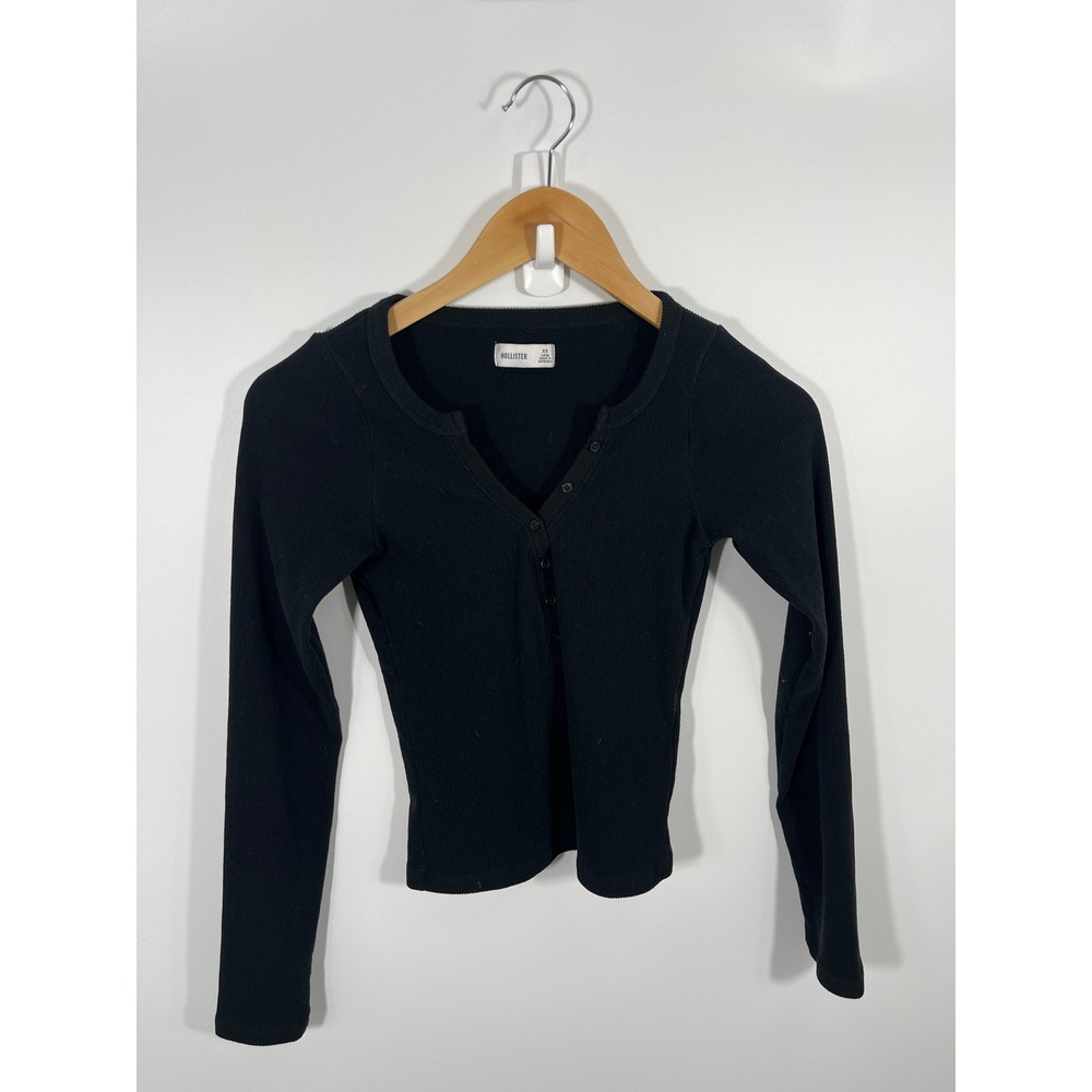 Y2K Hollister Womens Ribbed Henley Top XS Black Casual Soft‎ Girl 2000s Stretch
